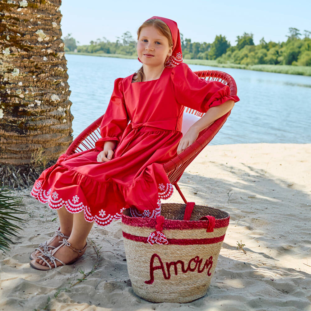 Patachou-Girls Red Cotton Dress with Floral Cut Work | Childrensalon Outlet