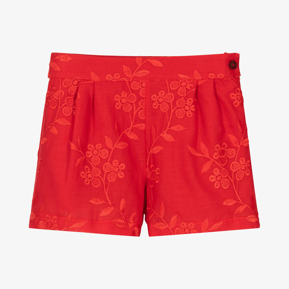 Patachou - Girls Red Cotton Embroidered Shorts | Childrensalon