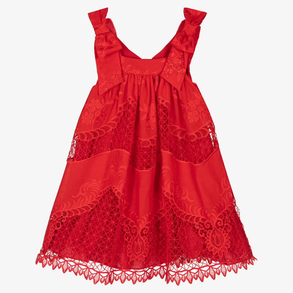Patachou - فستان قطن فوال مزين بدانتيل لون أحمر | Childrensalon