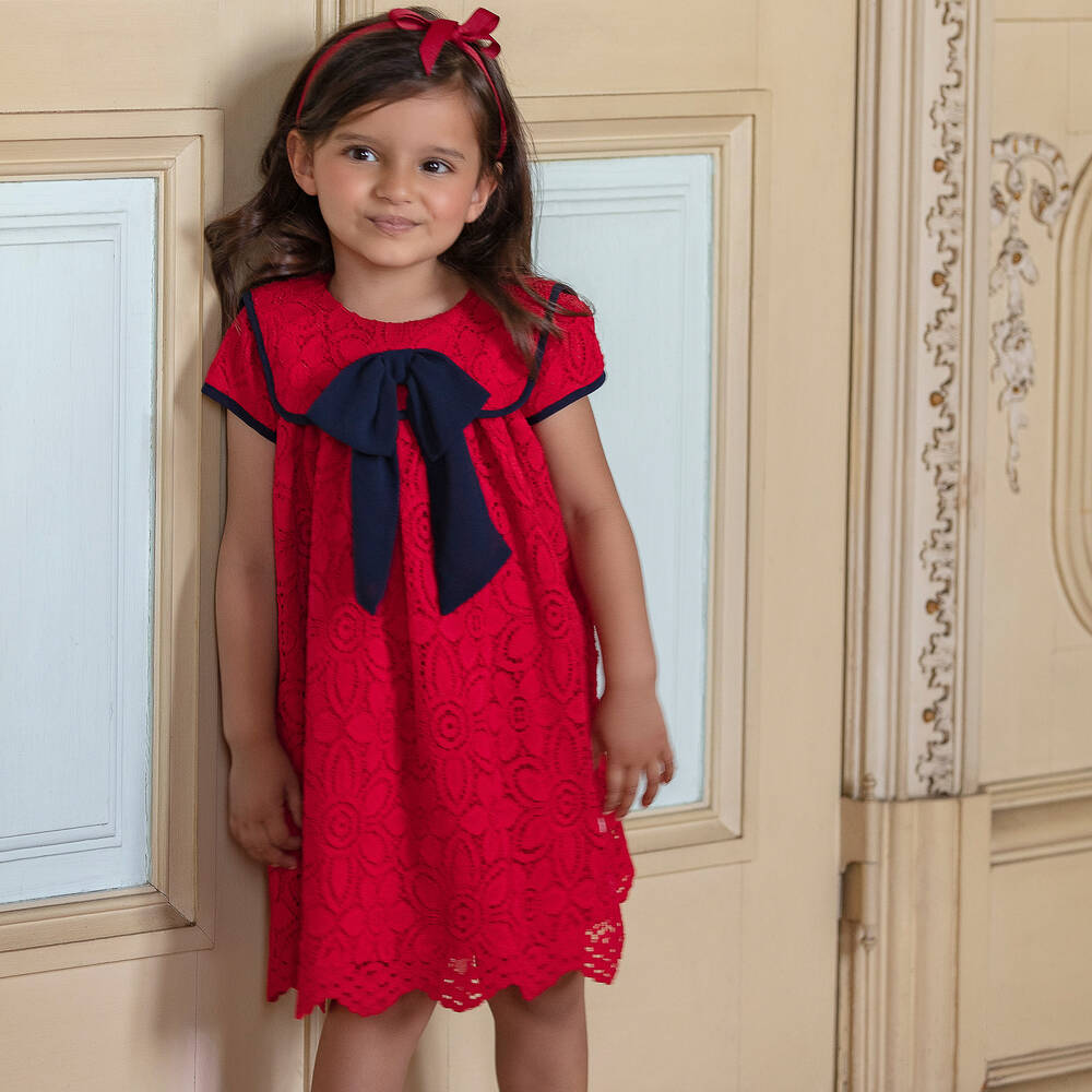 باتاشو-فستان أطفال بناتي قطن ودانتيل لون أحمر | Childrensalon Outlet
