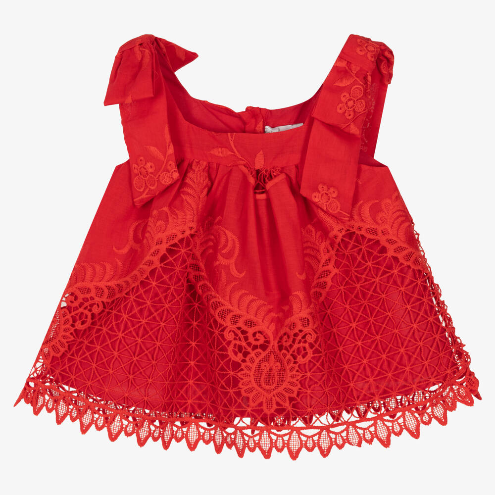 Patachou - Girls Red Cotton & Lace Top | Childrensalon