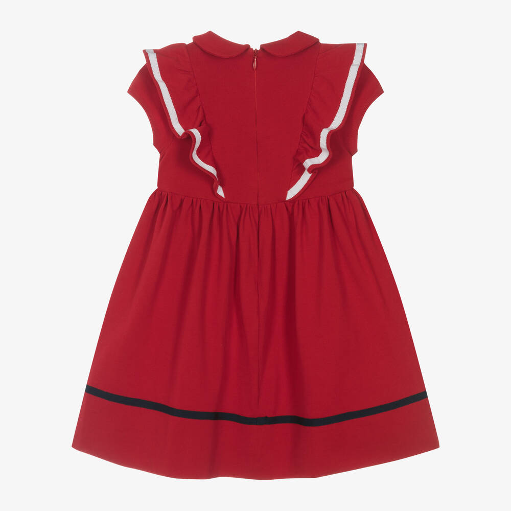 Patachou-فستان قطن بيكيه مزين بكشكش لون أحمر | Childrensalon Outlet