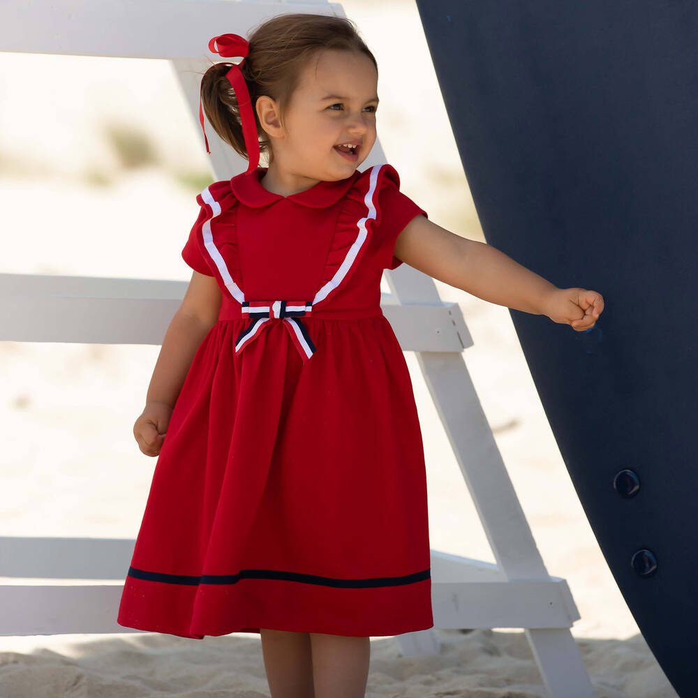 Patachou Girls Red Cotton Ruffle Bow Dress