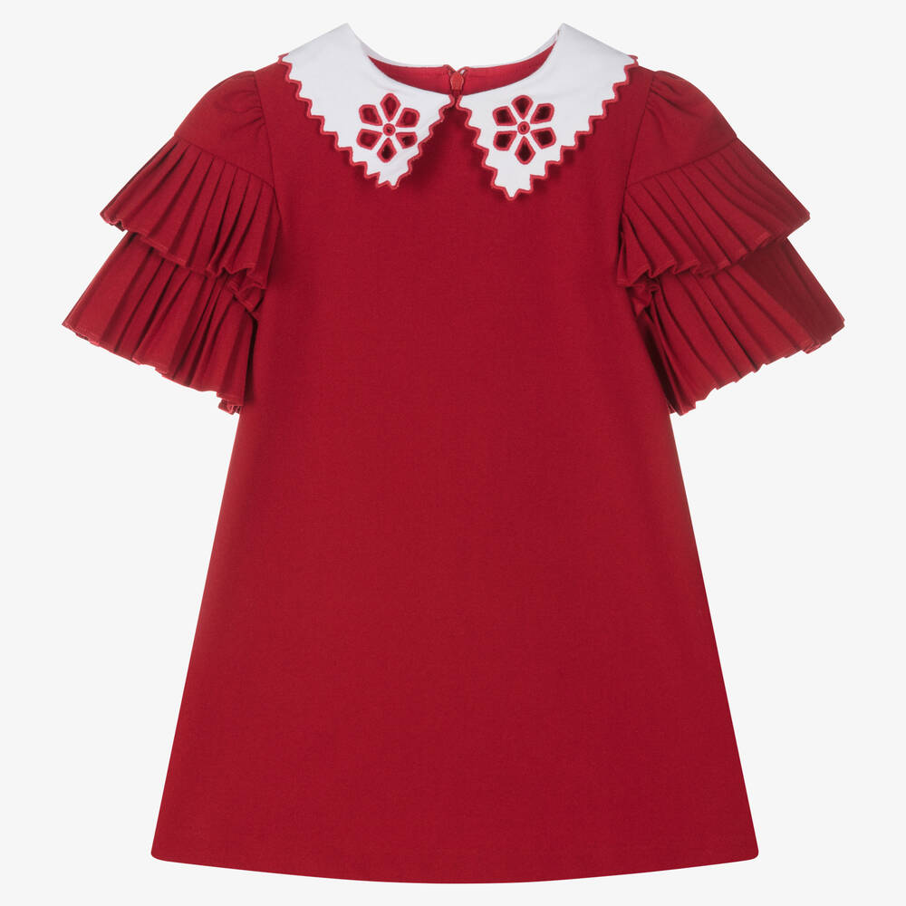 Patachou - Girls Red Embroidered Collar Dress | Childrensalon