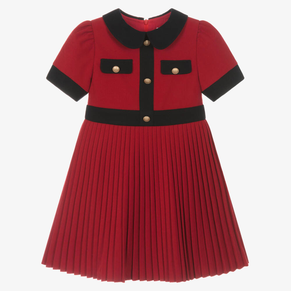 Patachou-Girls Red Flannel Dress with Navy Blue Trim | Childrensalon Outlet