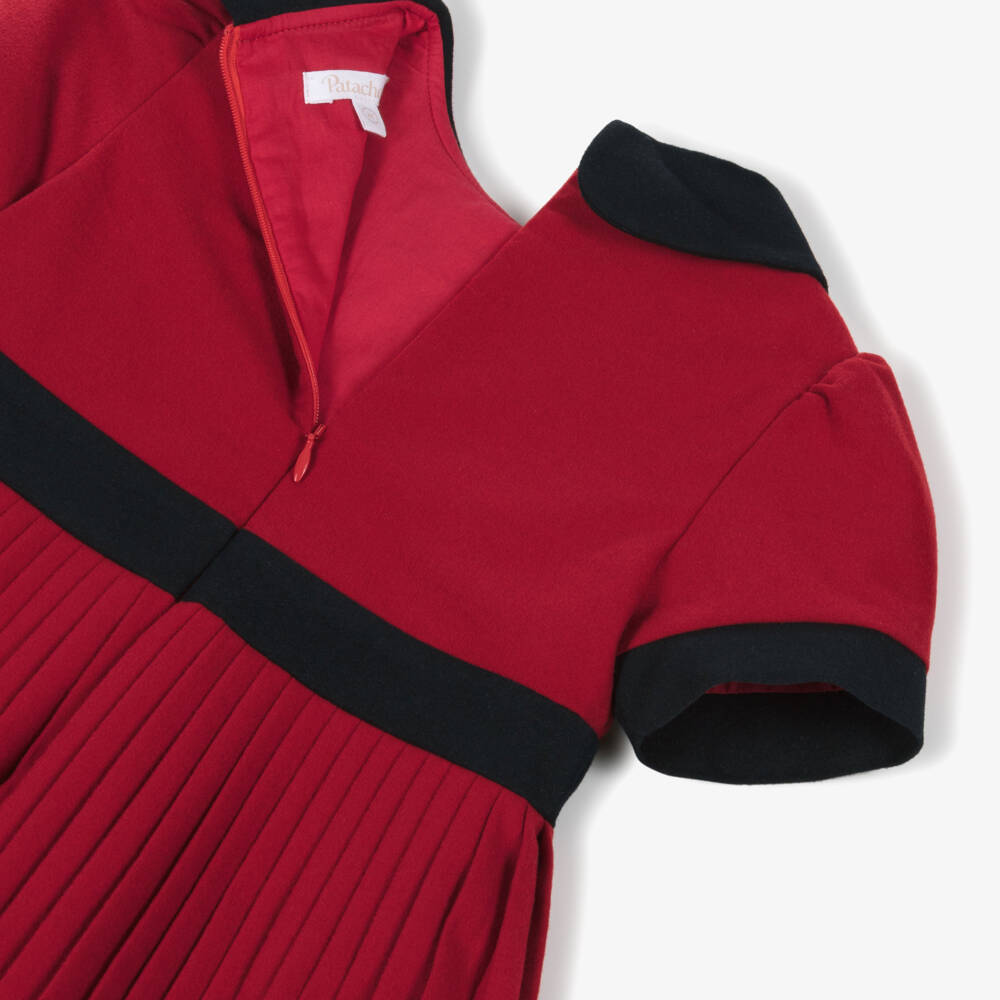 Patachou-Girls Red Flannel Dress with Navy Blue Trim | Childrensalon Outlet