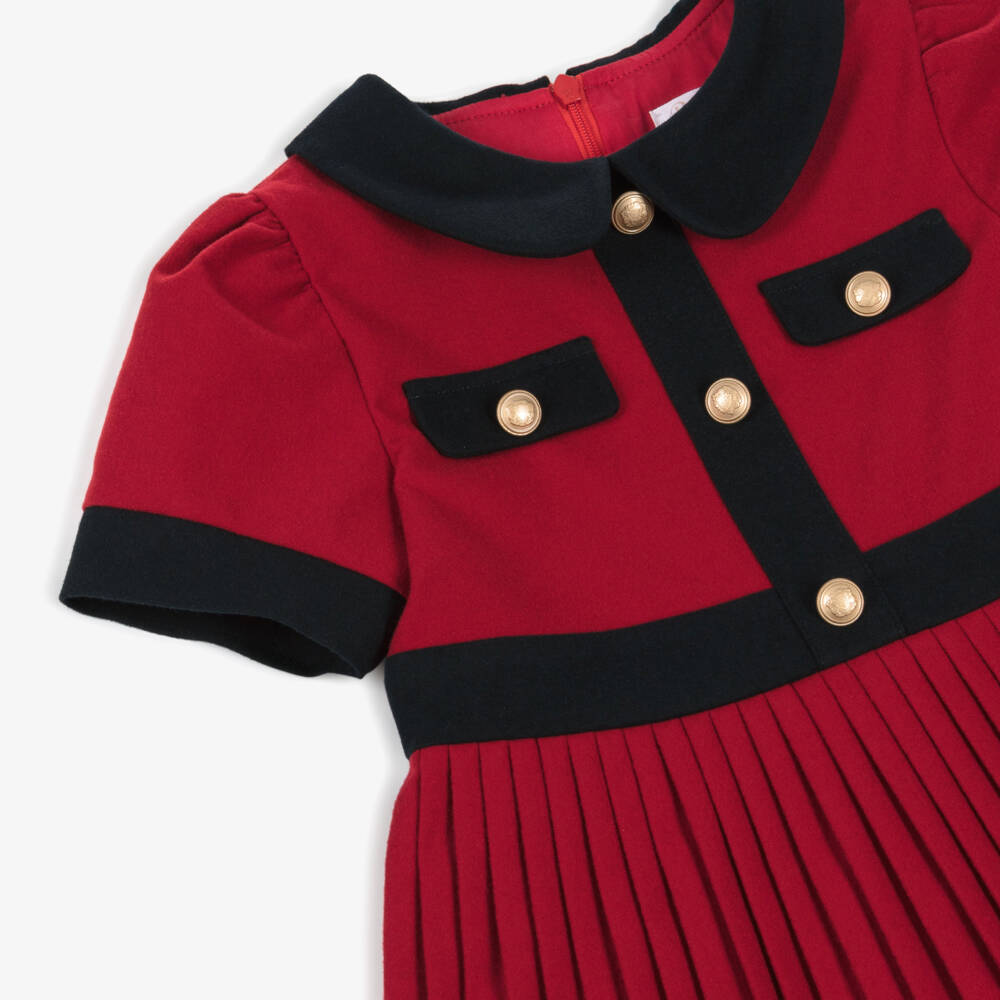 Patachou-Girls Red Flannel Dress with Navy Blue Trim | Childrensalon Outlet