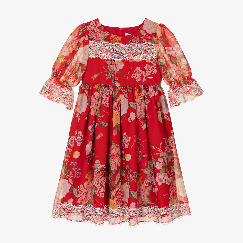 Patachou - Girls Red Floral Chiffon Dress | Childrensalon