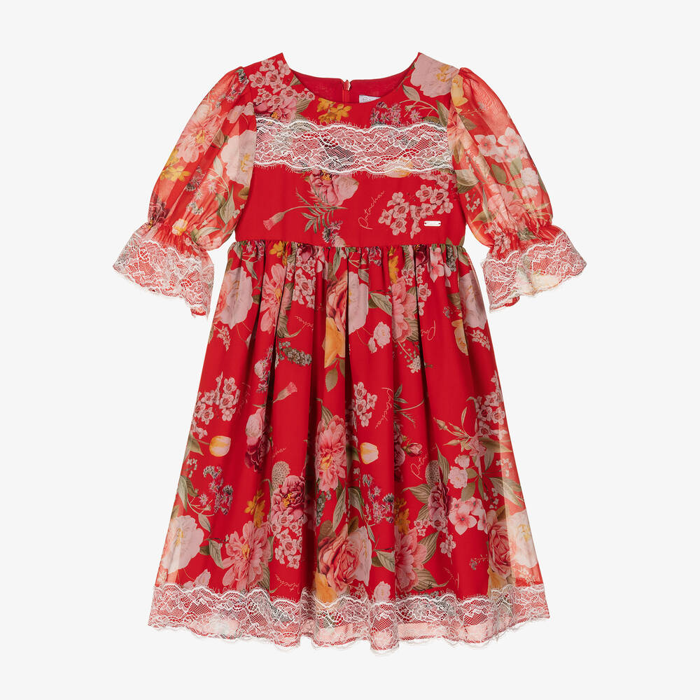 Patachou - Rotes Blumen-Chiffonkleid (M) | Childrensalon