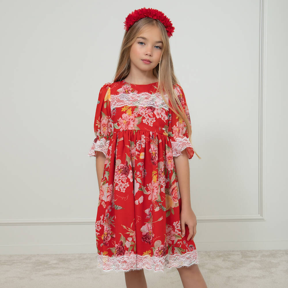 Patachou-فستان شيفون لون أحمر بطبعة ورود | Childrensalon Outlet