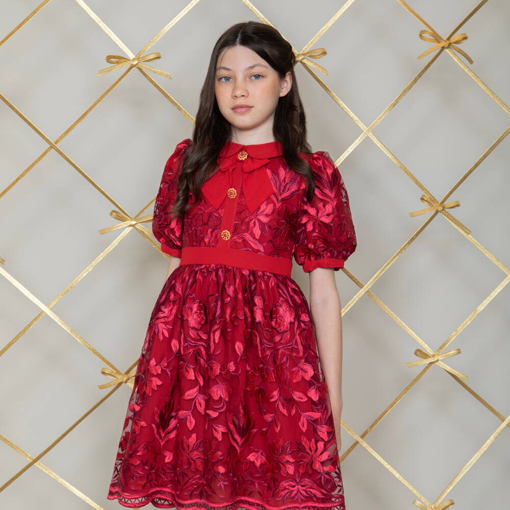 Patachou-Girls Red Floral Embroidered Tulle Dress | Childrensalon Outlet