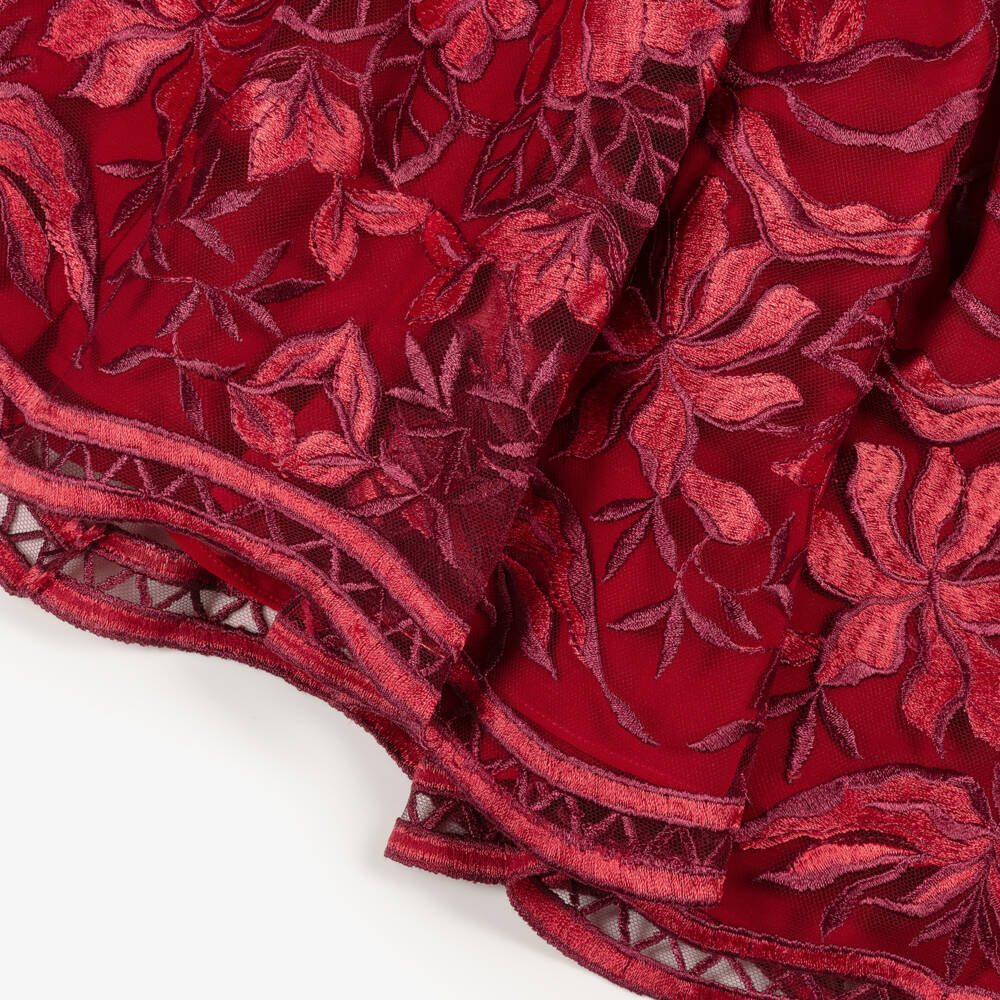 Patachou-Girls Red Floral Embroidered Tulle Dress | Childrensalon Outlet