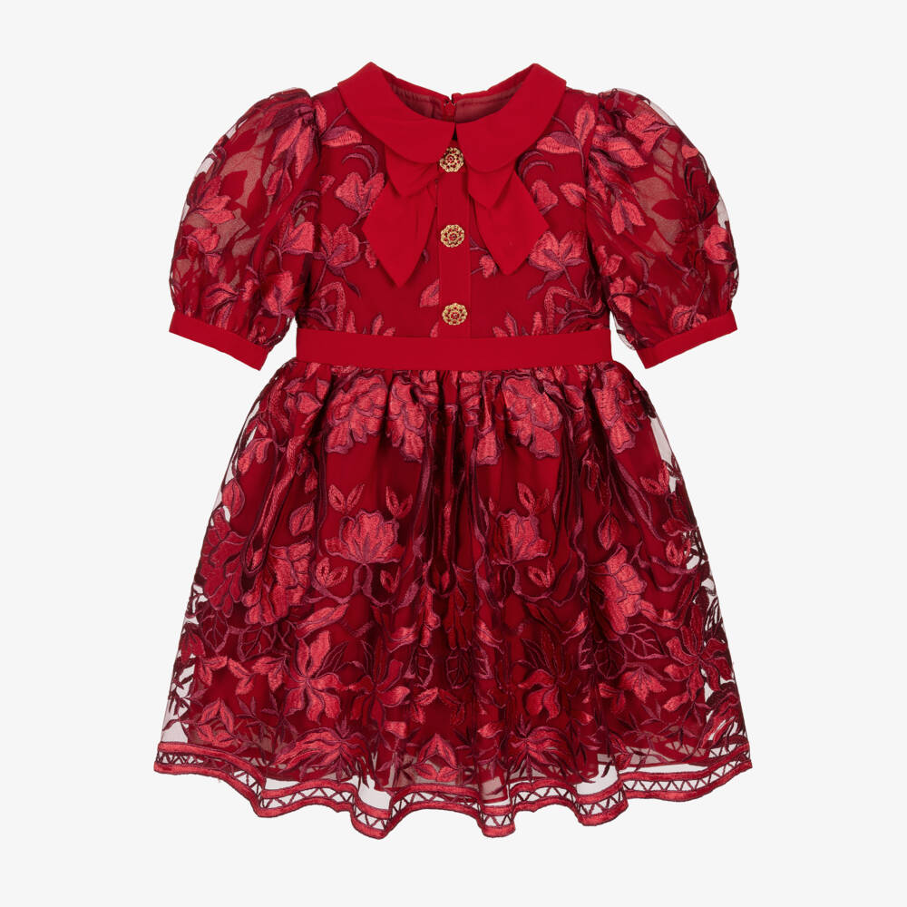 Patachou-Girls Red Floral Embroidered Tulle Dress | Childrensalon Outlet