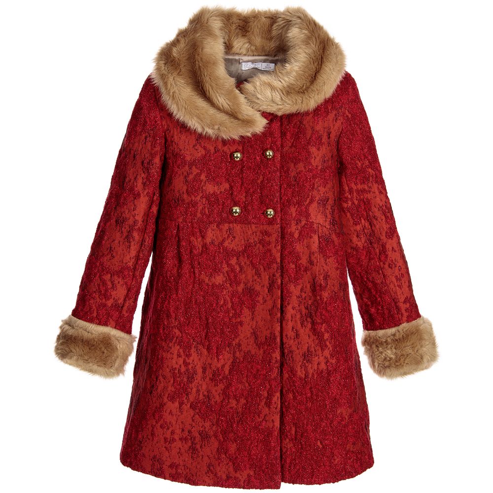 Patachou - معطف أحمر من الجاكار مزين بالفراء للفتيات  | Childrensalon