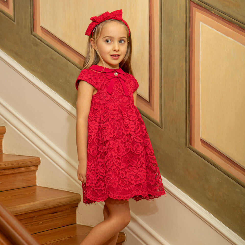 Patachou-Girls Red Lace Dress with Chiffon Bow | Childrensalon Outlet