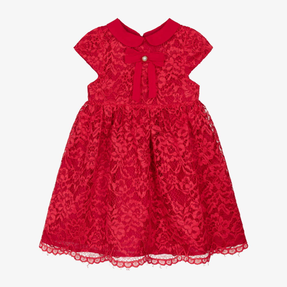 Patachou-Girls Red Lace Dress with Chiffon Bow | Childrensalon Outlet