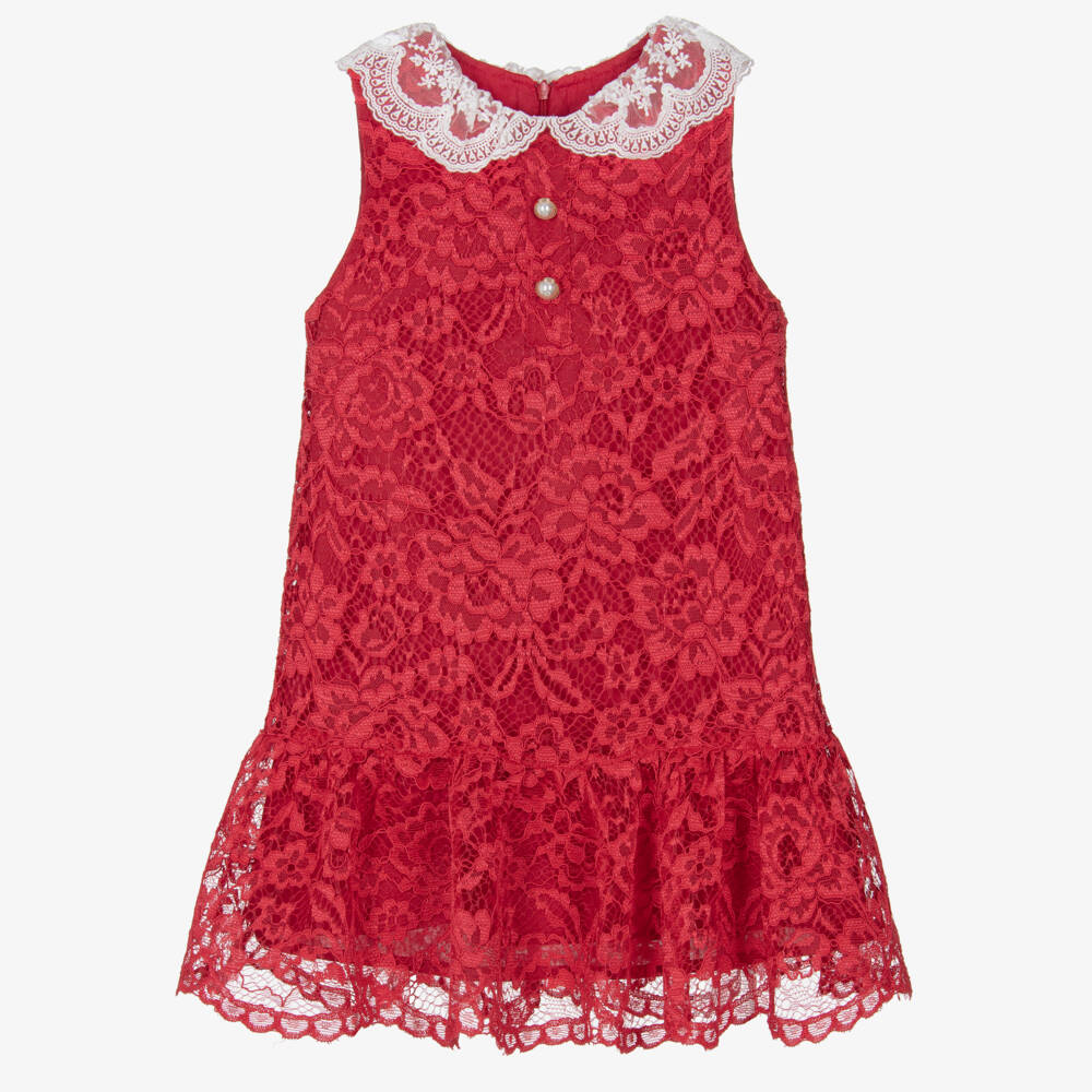Patachou-Girls Red Lace Dress with White Collar | Childrensalon Outlet