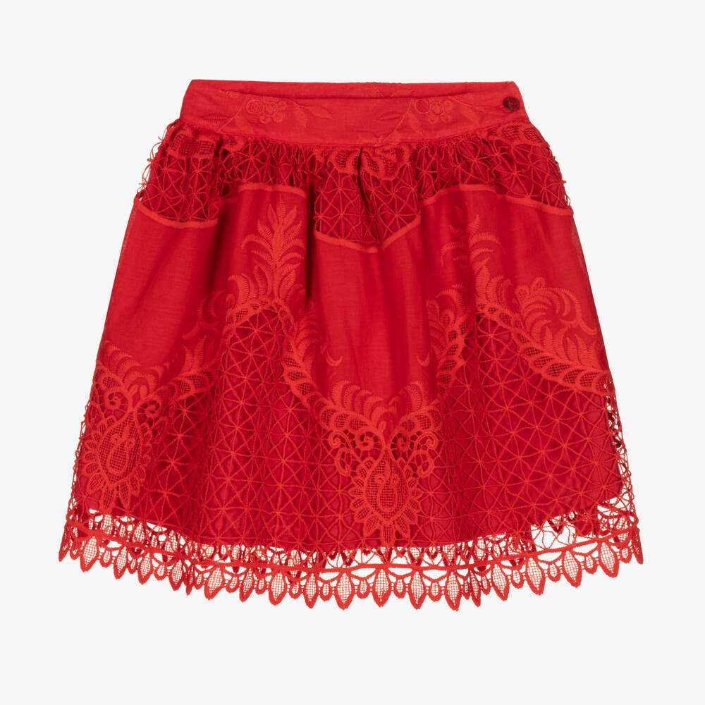 Patachou - طقم تنورة قطن مزين بدانتيل لون أحمر | Childrensalon