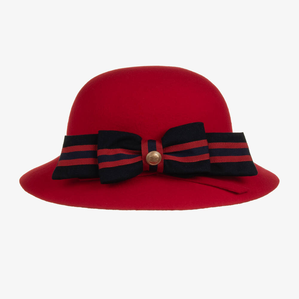 Patachou - Girls Red & Navy Blue Bow Wool Hat | Childrensalon