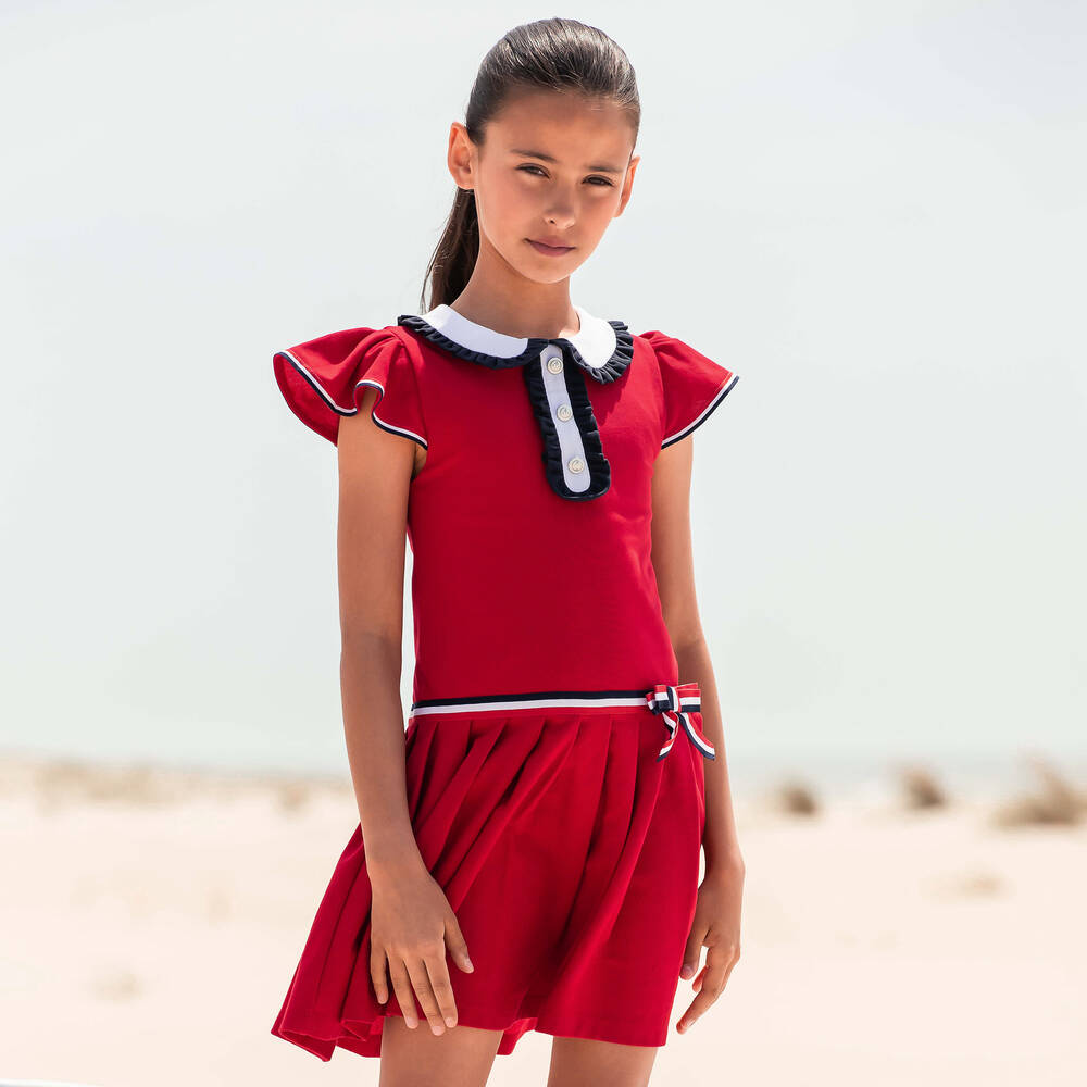 Patachou-Girls Red Pleated Cotton Dress | Childrensalon Outlet