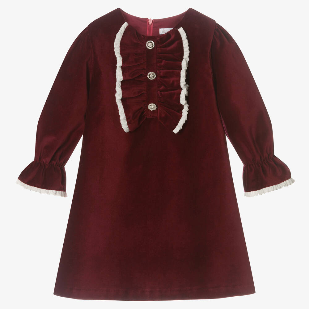 Patachou - Girls Red Ruffle Velvet Dress  | Childrensalon