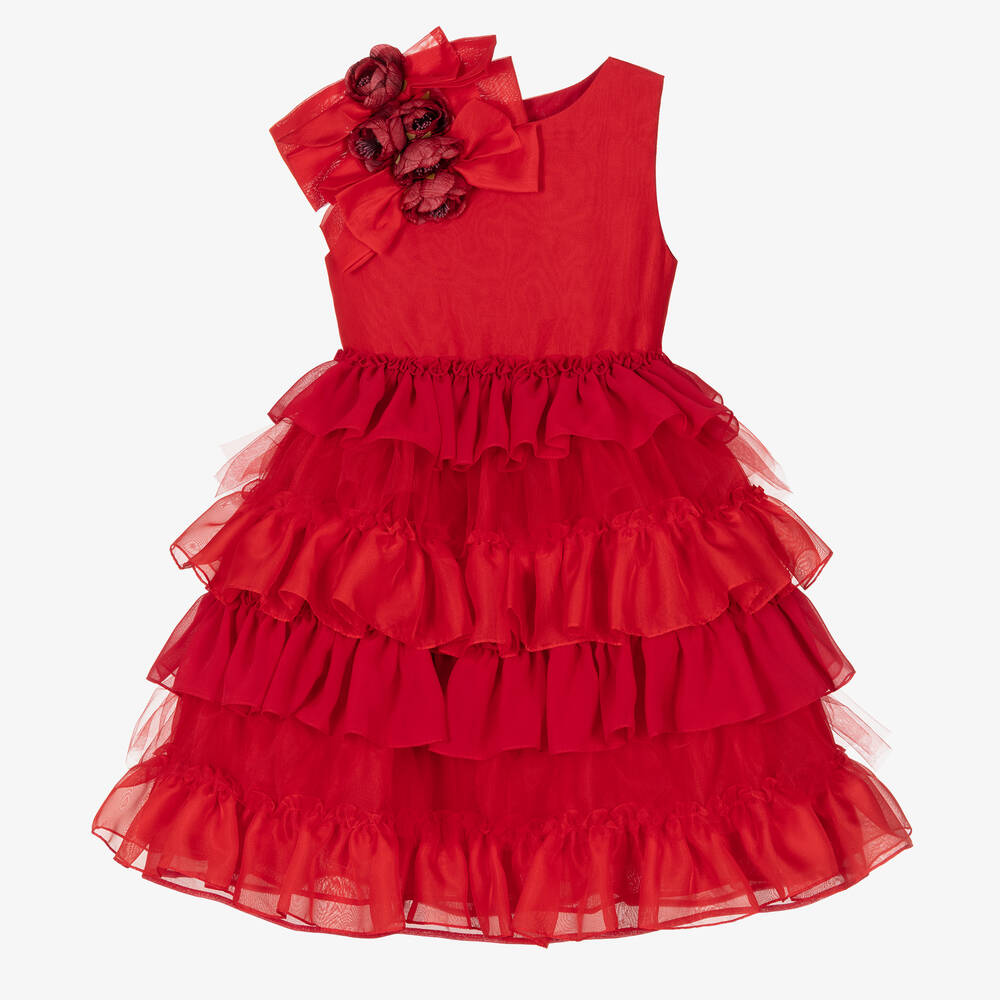 Patachou - Girls Red Satin & Tulle Ruffle Dress | Childrensalon