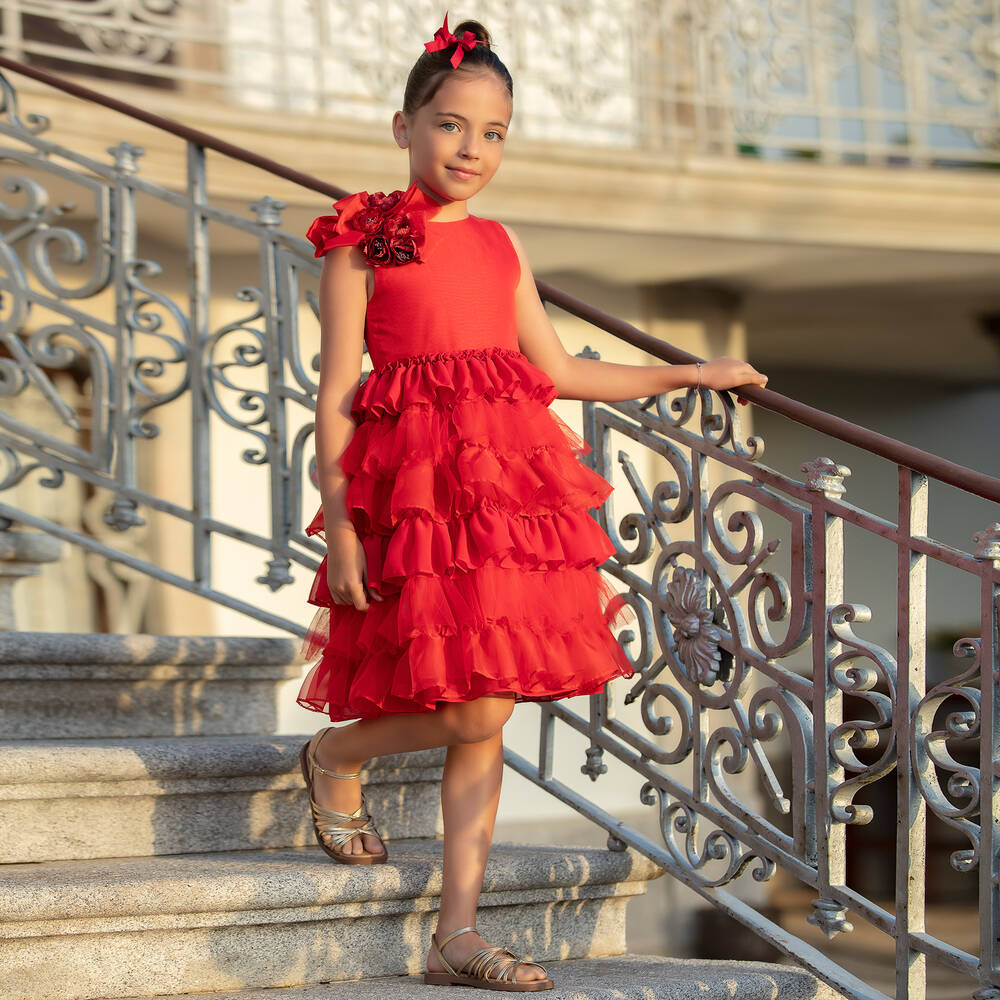 باتاشو-فستان ساتان وتول مزين بكشكش لون أحمر | Childrensalon Outlet