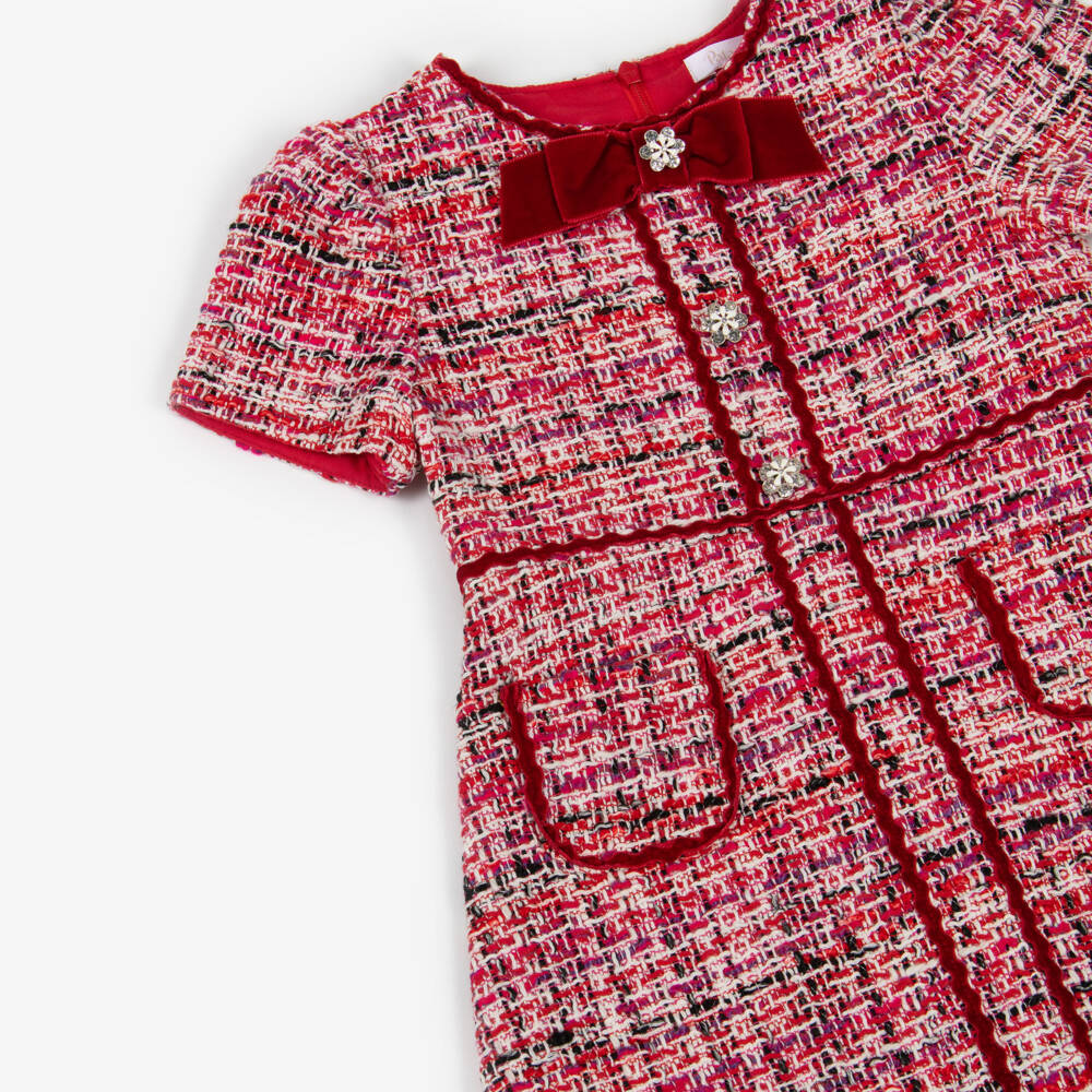 Patachou-Girls Red Tweed Dress with Velvet Bow | Childrensalon Outlet