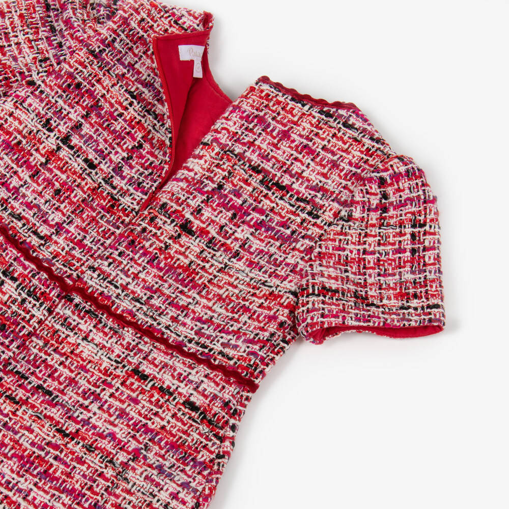 Patachou-Girls Red Tweed Dress with Velvet Bow | Childrensalon Outlet