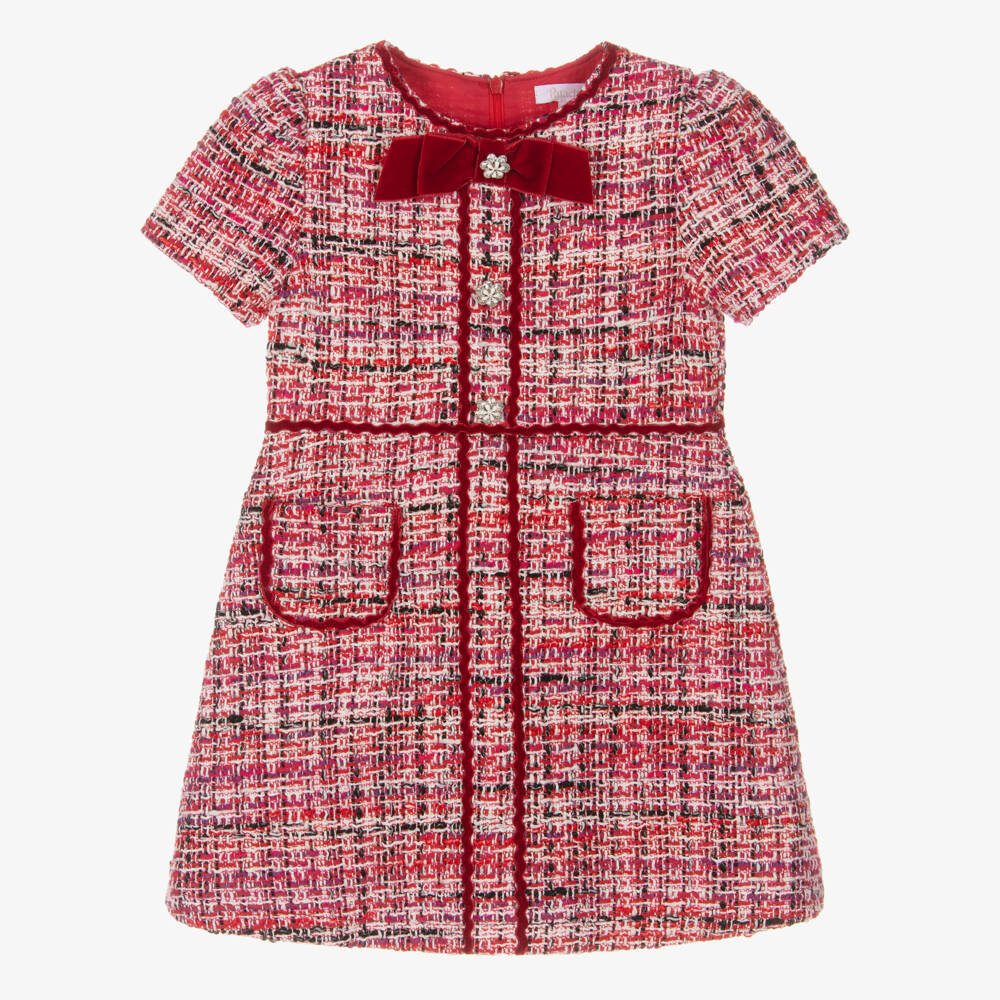 Patachou-Girls Red Tweed Dress with Velvet Bow | Childrensalon Outlet