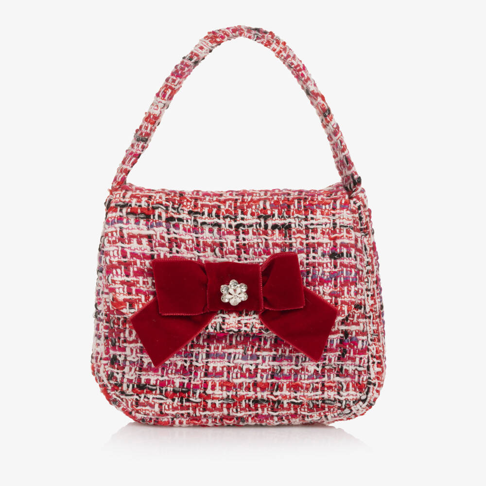 Patachou-Girls Red Tweed Handbag with Velvet Bow (18cm) | Childrensalon Outlet