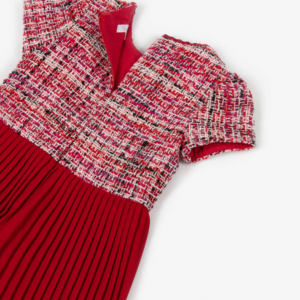 Patachou-Girls Red Tweed Pleated Jumpsuit with Velvet Bow | Childrensalon Outlet