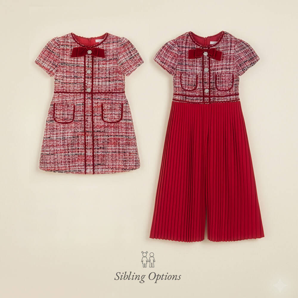 Patachou-Girls Red Tweed Pleated Jumpsuit with Velvet Bow | Childrensalon Outlet