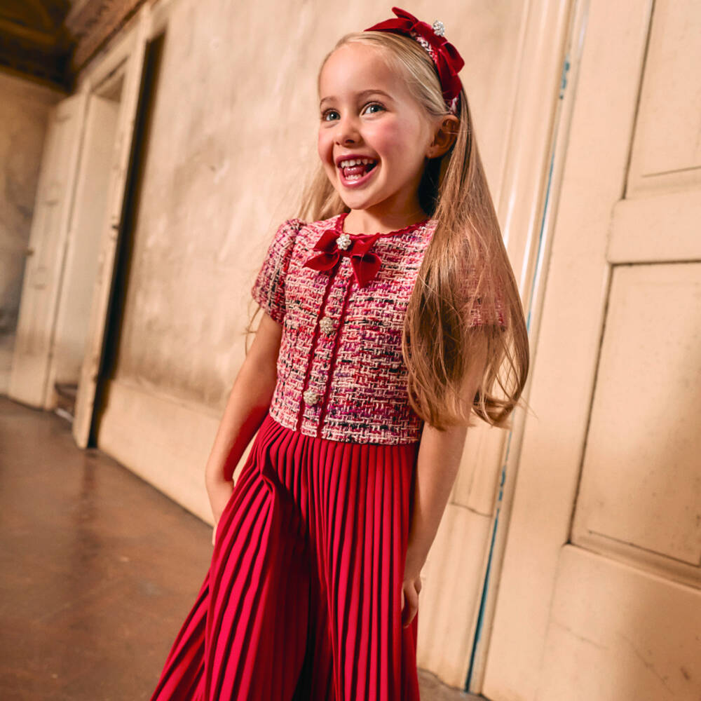 Patachou-Girls Red Tweed Pleated Jumpsuit with Velvet Bow | Childrensalon Outlet
