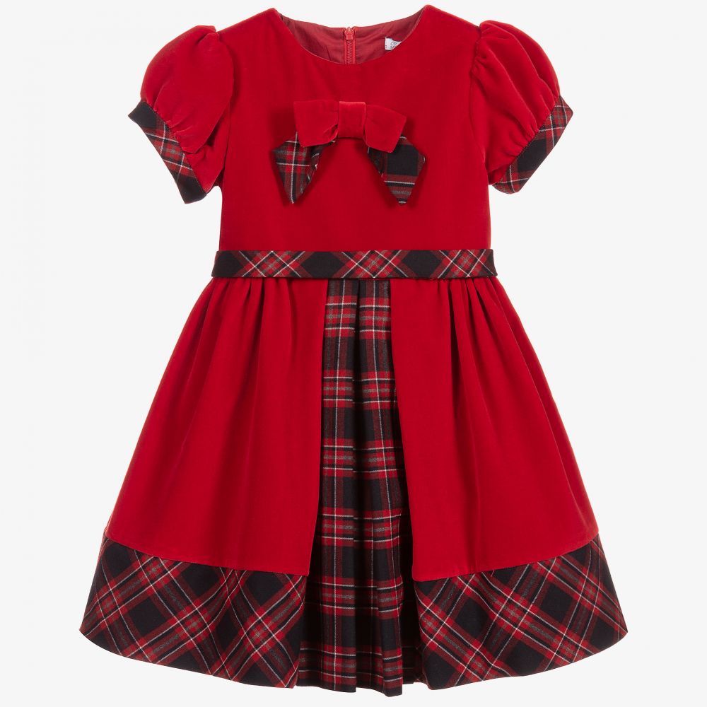 Patachou - Girls Red Velvet Tartan Dress | Childrensalon