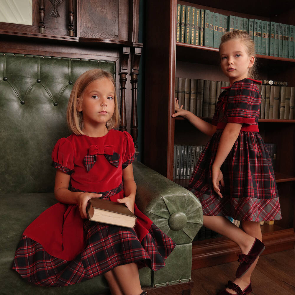 Patachou-Красное бархатное платье с шотландской клеткой для девочек | Childrensalon Outlet
