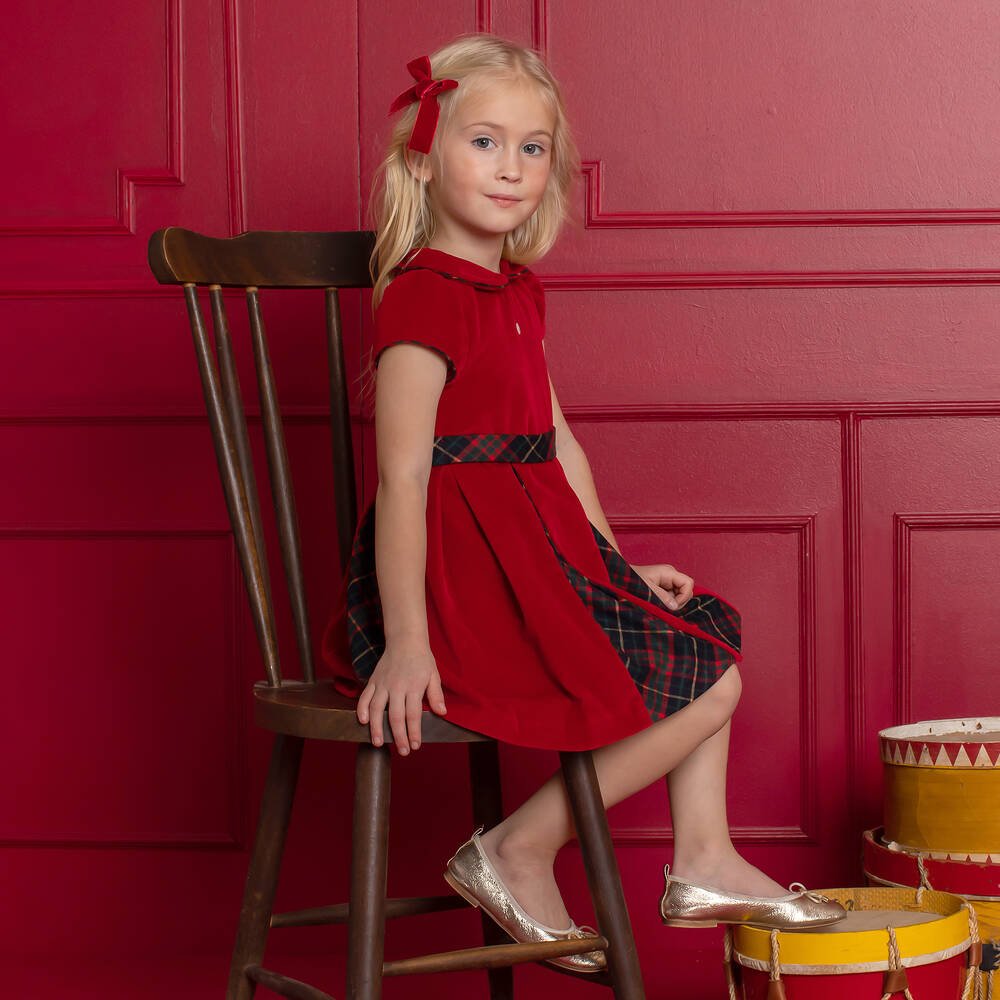 Patachou Girls Red Velvet Tartan Dress
