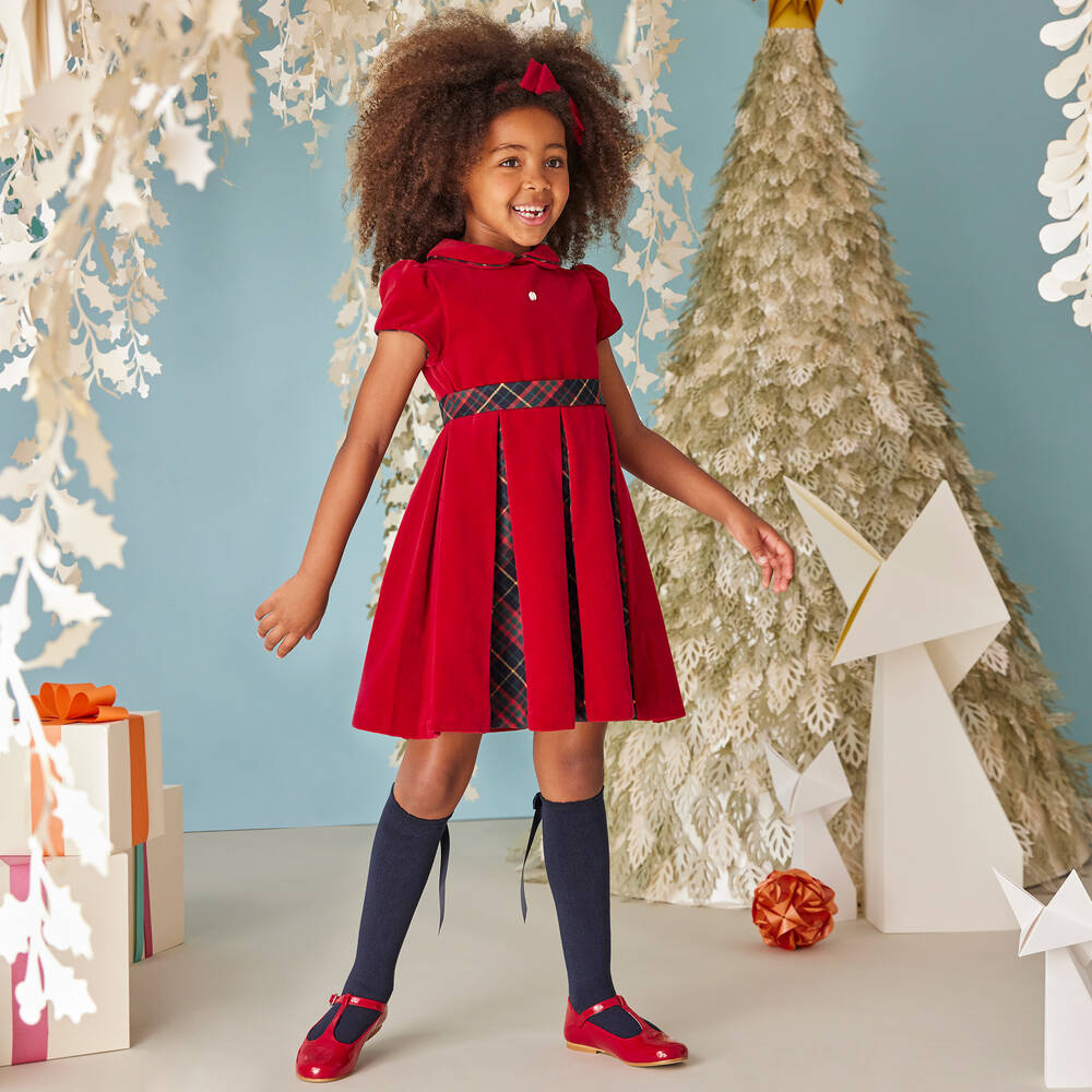 Patachou - Girls Red Velvet Tartan Dress | Childrensalon Outlet