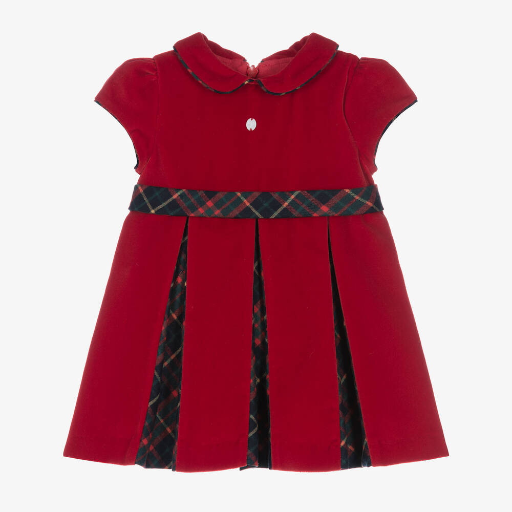 Patachou - Girls Red Velvet Tartan Dress | Childrensalon