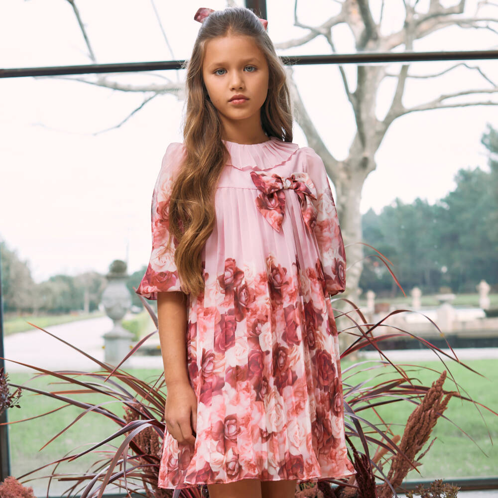 Patachou-Girls Rose Print Pleated Chiffon Dress | Childrensalon Outlet