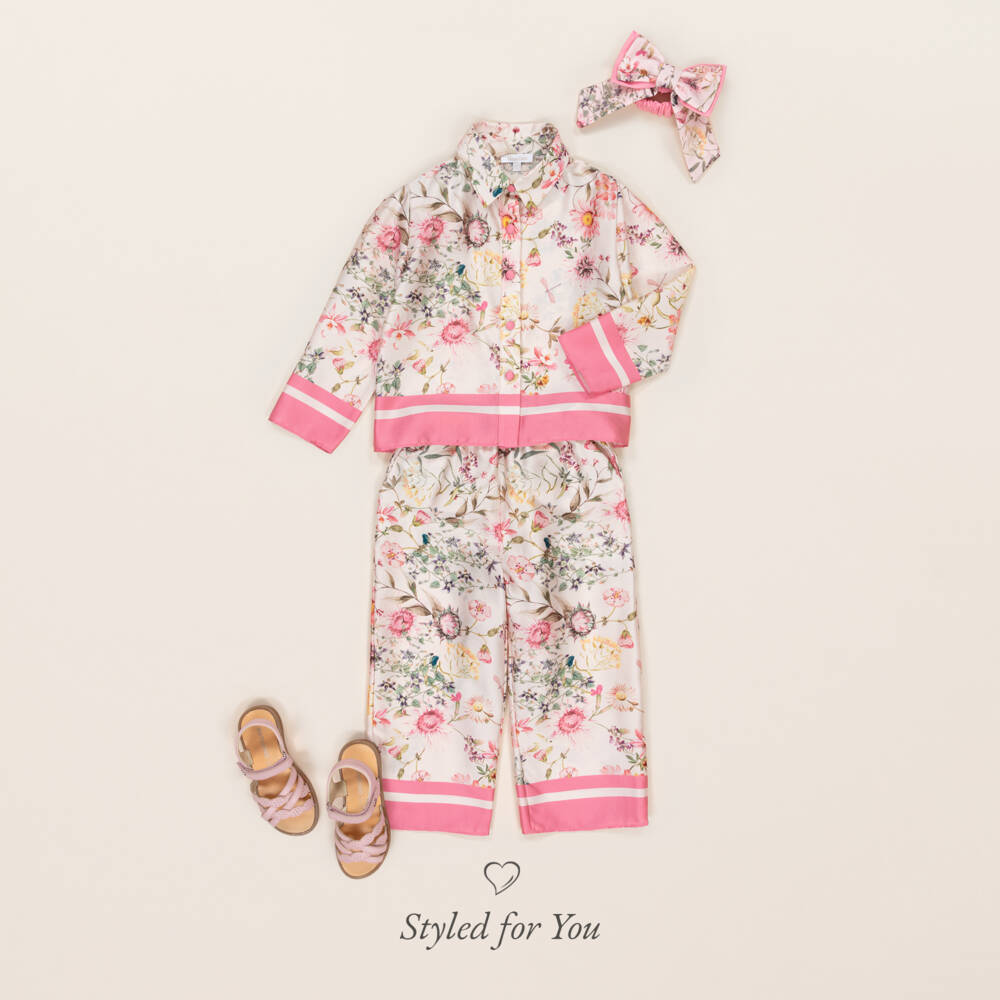 Patachou-Girls Satin Blossom Trouser Ensemble | Childrensalon Outlet