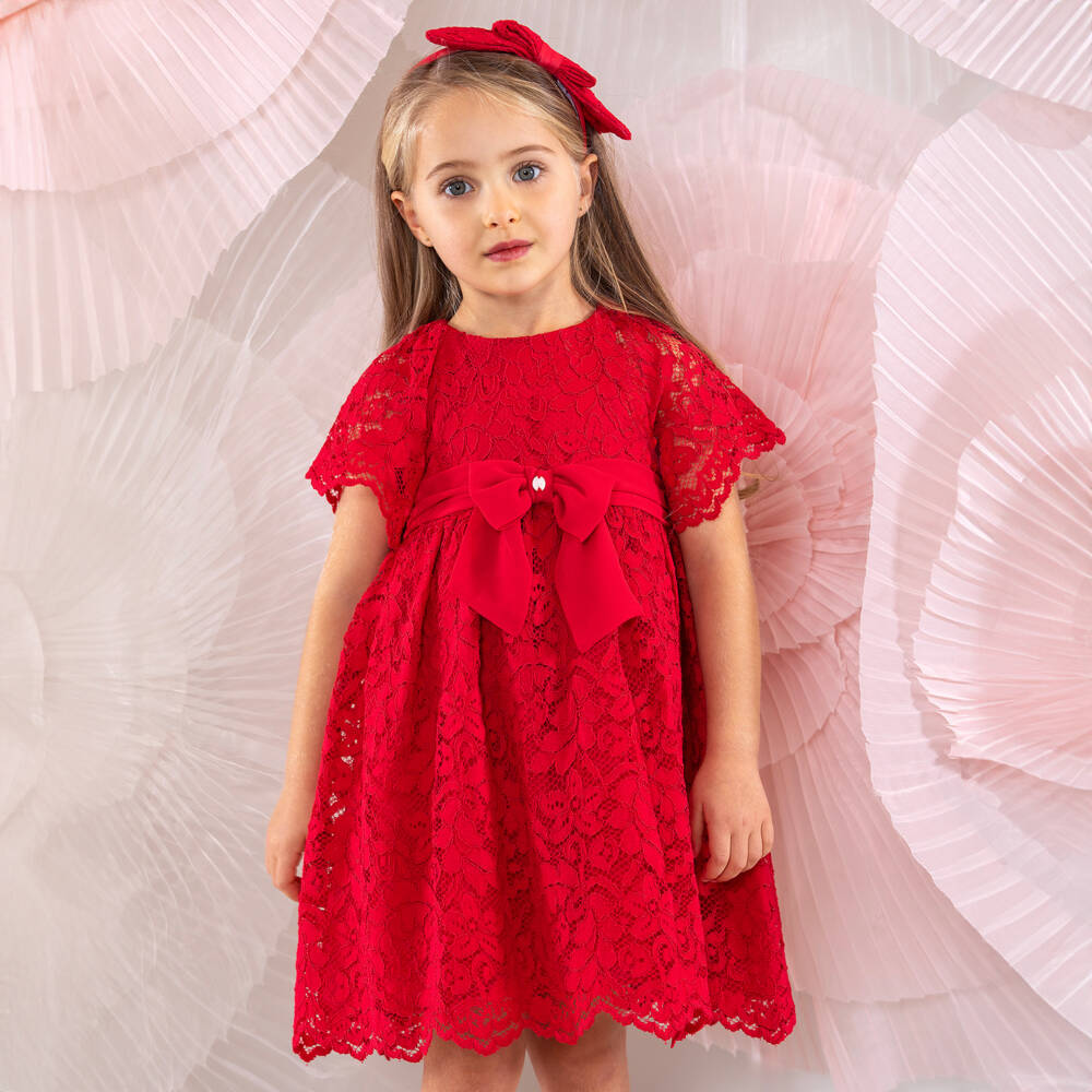 Patachou-فستان دانتيل قرمزي للبنات مع شريط | Childrensalon Outlet
