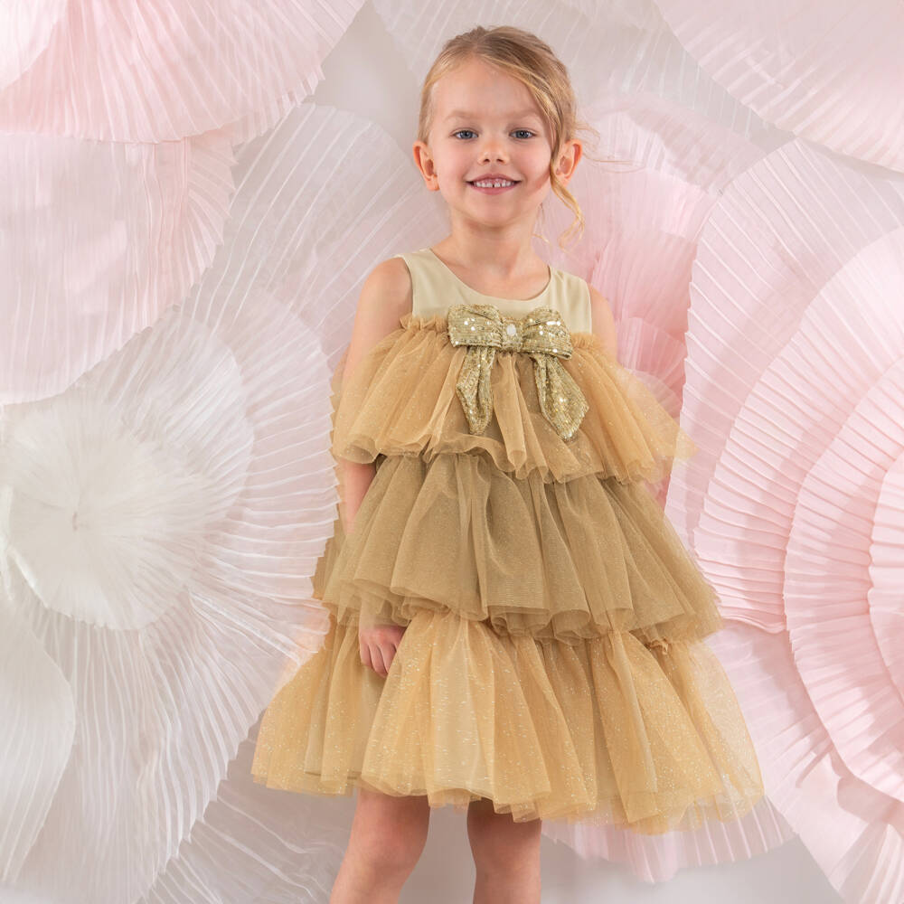 Patachou-Girls Shimmering Gold Tulle Gown | Childrensalon Outlet