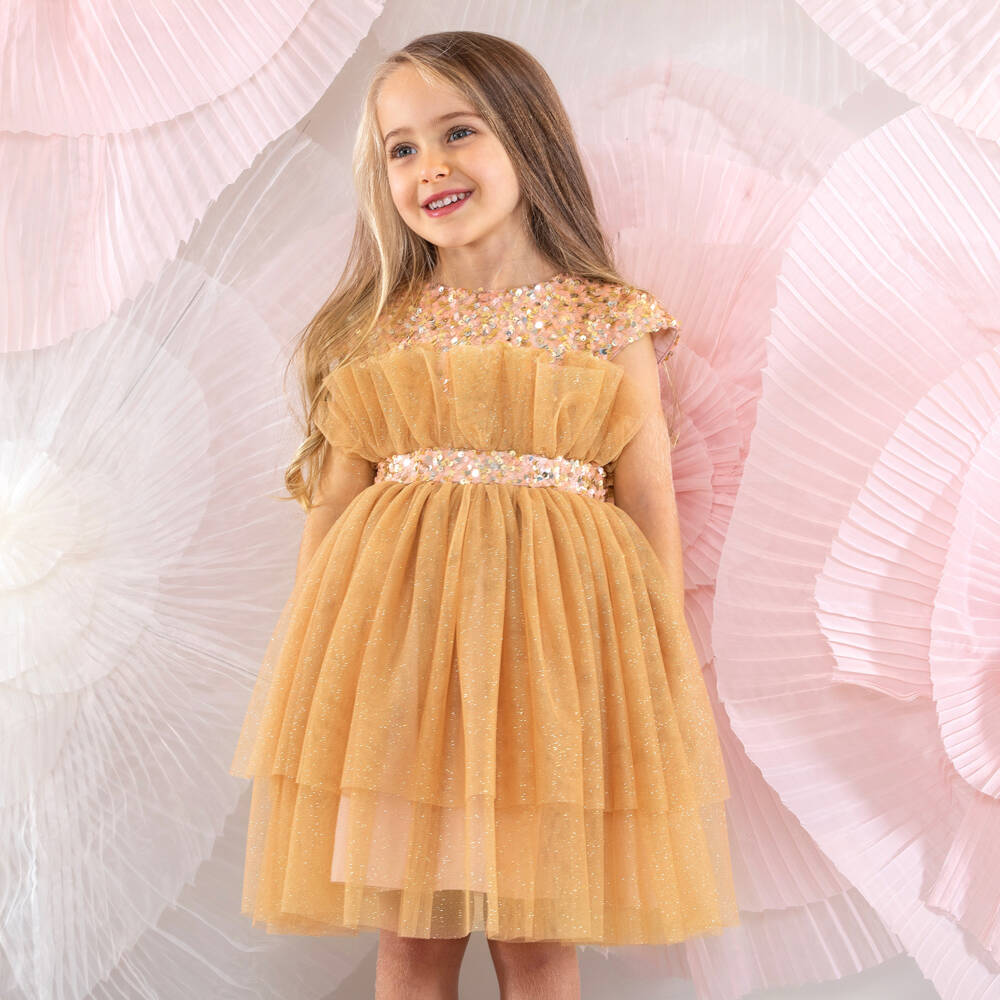 Patachou-Girls Shimmering Gold Tulle Gown | Childrensalon Outlet