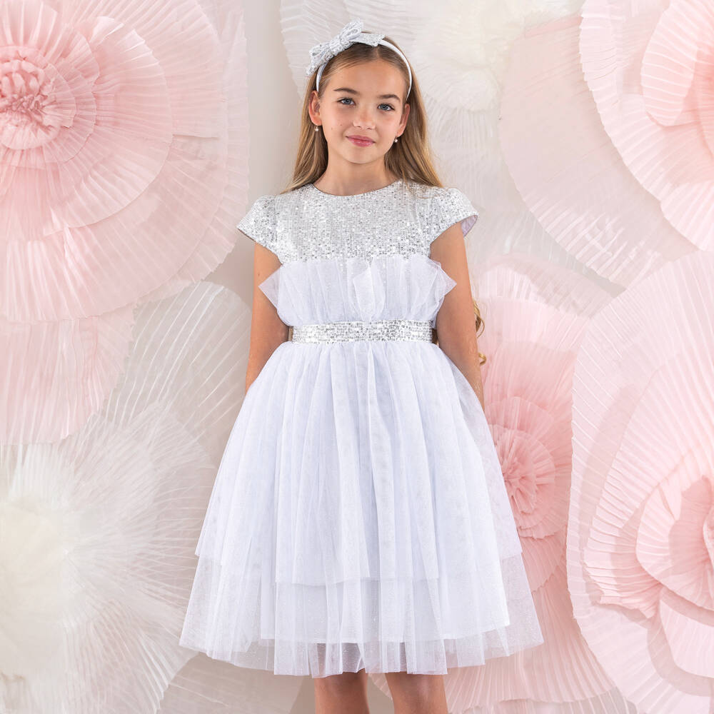 Patachou-Girls Shimmering Silver Tulle Gown | Childrensalon Outlet