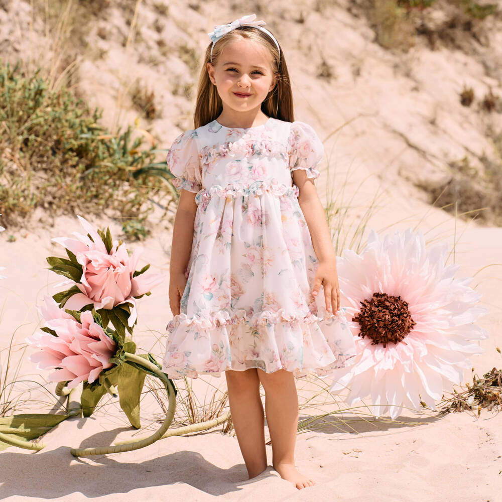 Patachou-Girls Soft Ivory & Pink Floral Gown | Childrensalon Outlet