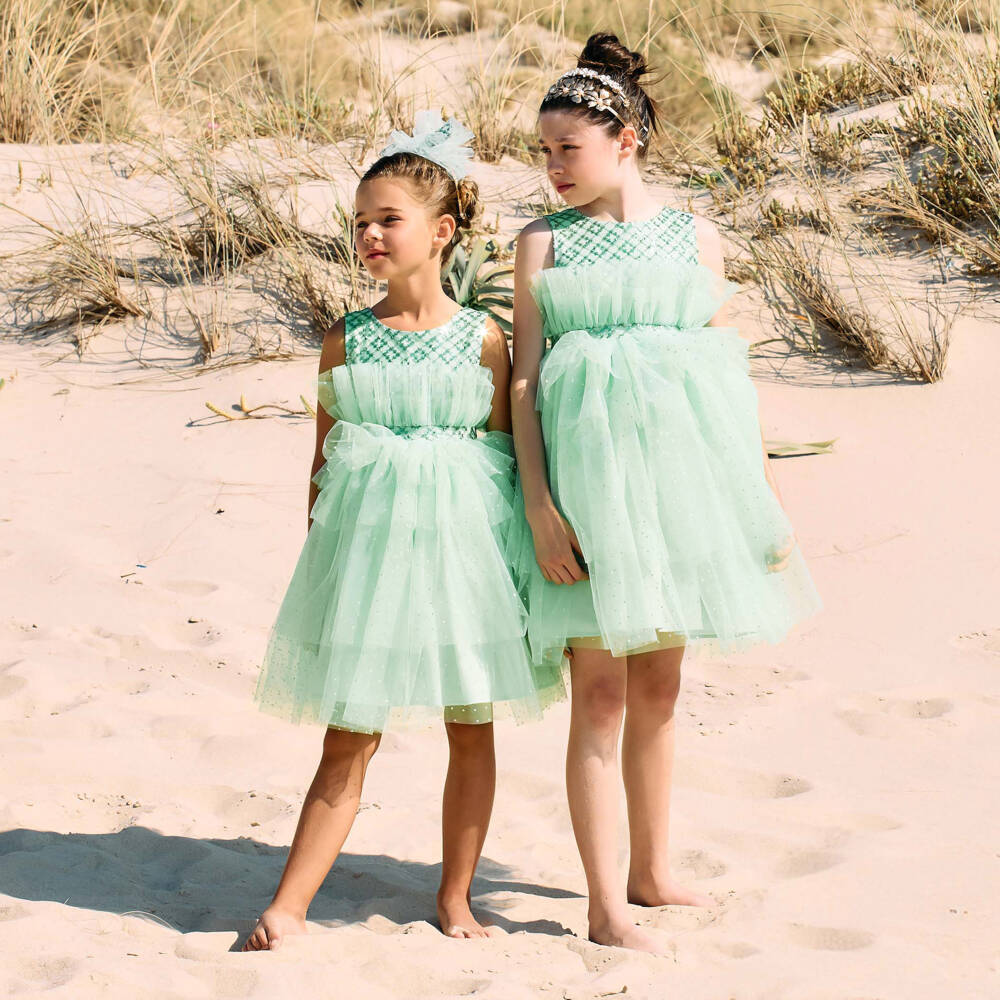 Patachou-فستان تول براق باللون النعناعي للبنات | Childrensalon Outlet