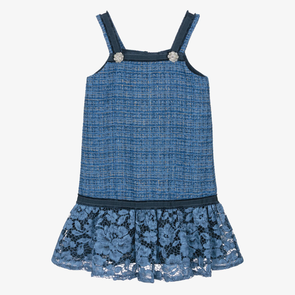 Patachou-Girls Sparkly Blue Tweed & Guipure Lace Dress | Childrensalon Outlet
