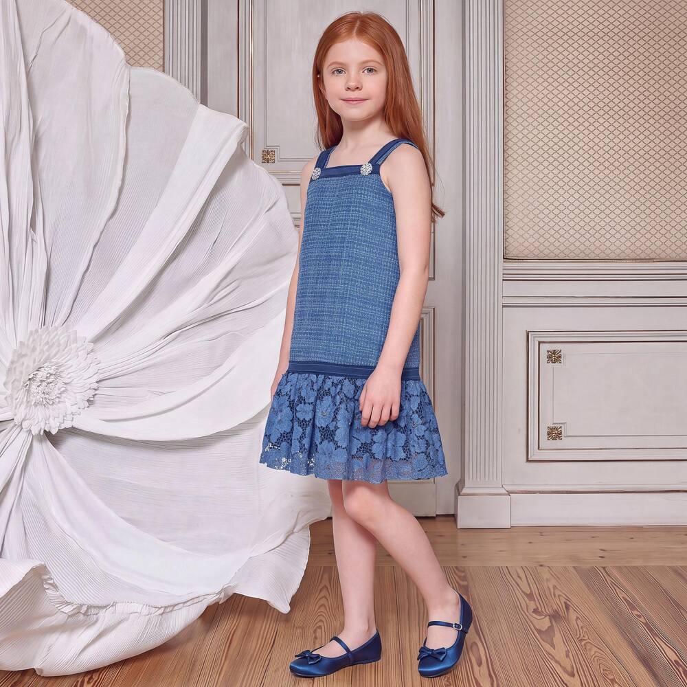 Patachou-Girls Sparkly Blue Tweed & Guipure Lace Dress | Childrensalon Outlet