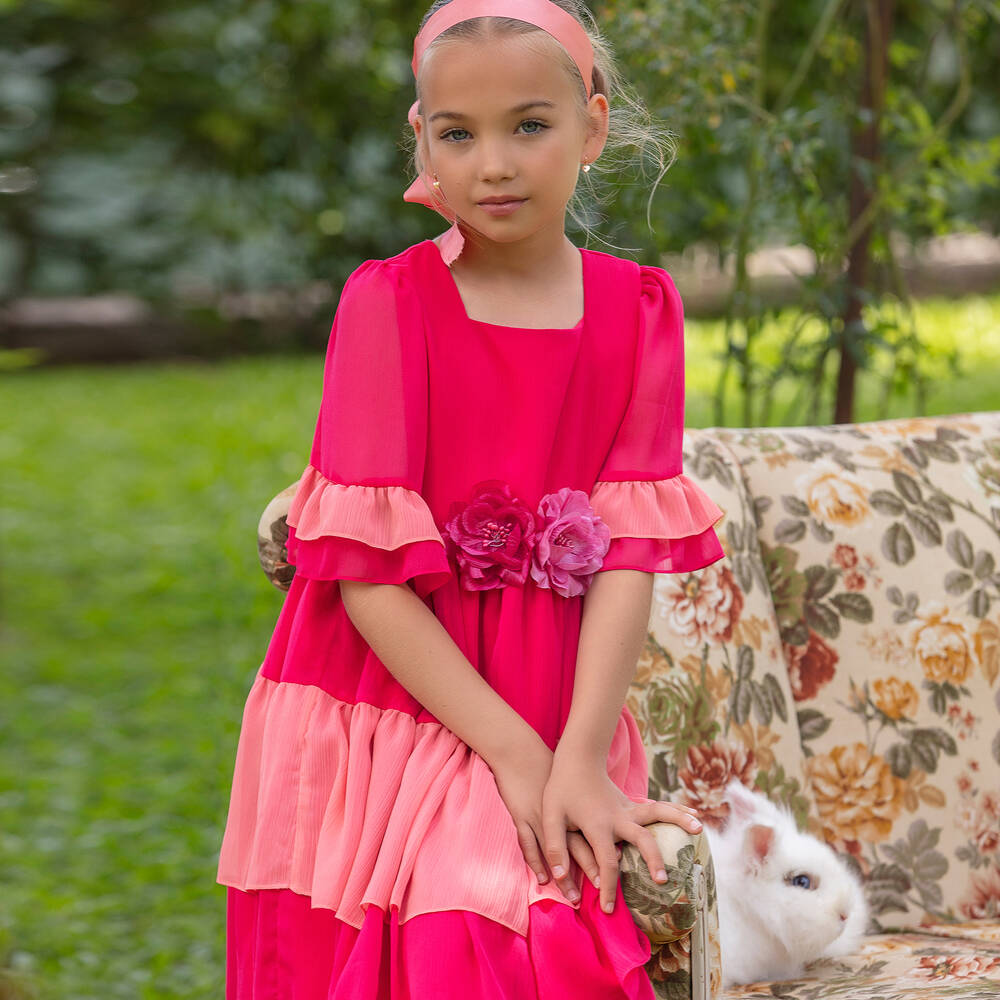 Patachou - Girls Tiered Pink Chiffon Dress | Childrensalon Outlet